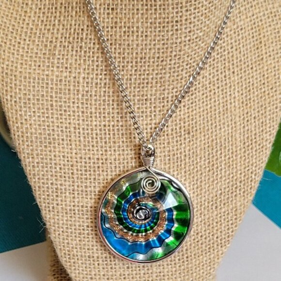 Silver, Turquoise, Green, Blue, Gold Swirls Glass Pendant Necklaces - Picture 6 of 6